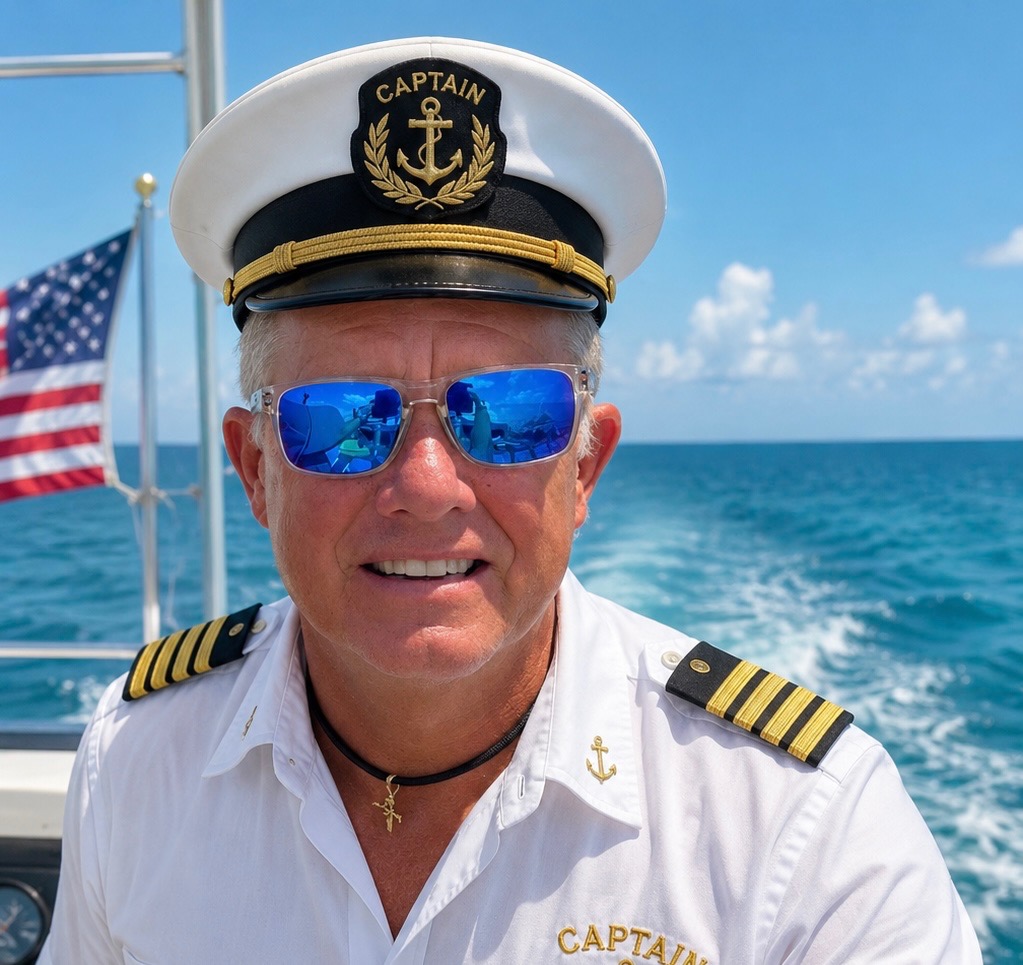 Portrait of Captain John in his captain's hat aboard the boat with the Gulf of Mexico behind him